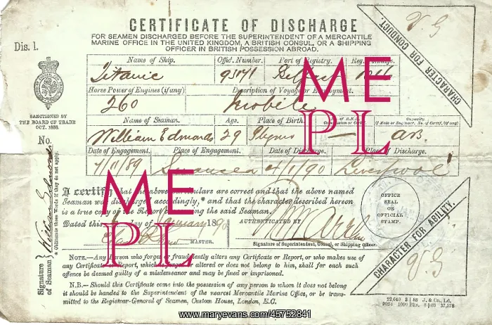 : Earlier Titanic, Certificate of Discharge, William Edwards : Earlier Titanic, Certificate of Discharge, William Edwards