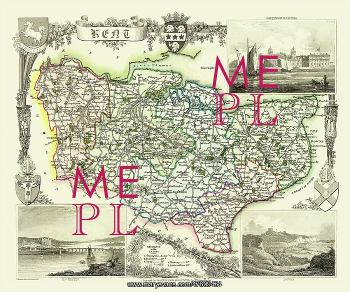 : Early 19th Century County map of Kent, England : Early 19th Century County map of Kent, England