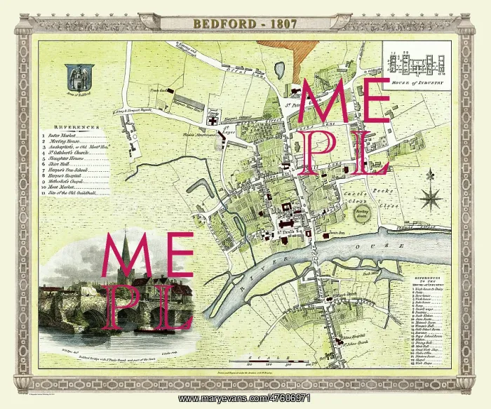 : Early 19th Century map of Bedford, England : Early 19th Century map of Bedford, England