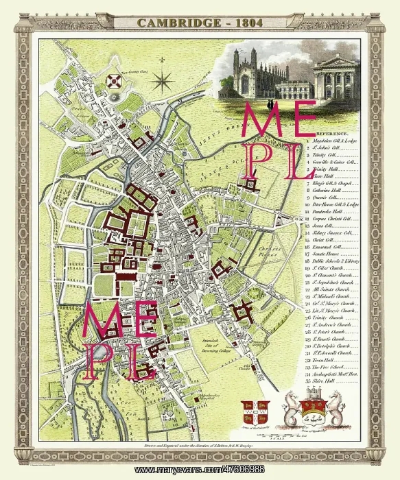 : Early 19th Century map of Cambridge, England : Early 19th Century map of Cambridge, England