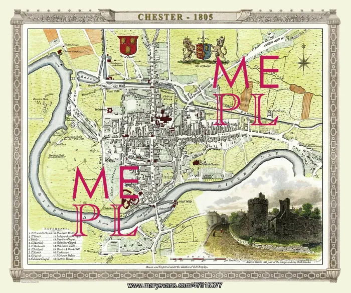 : Early 19th Century map of Chester, England : Early 19th Century map of Chester, England