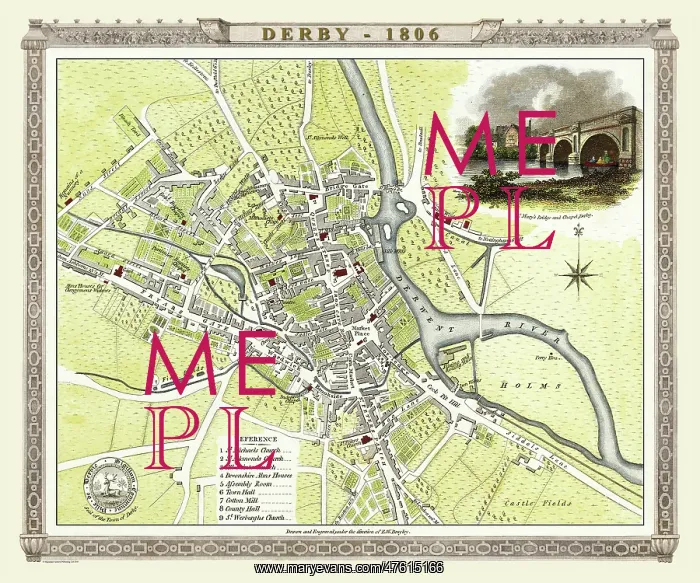 : Early 19th Century map of Derby, England : Early 19th Century map of Derby, England
