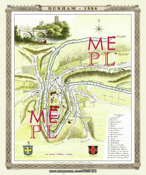 : Early 19th Century map of Durham, England : Early 19th Century map of Durham, England