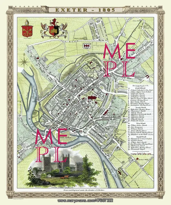 : Early 19th Century map of Exeter, England : Early 19th Century map of Exeter, England