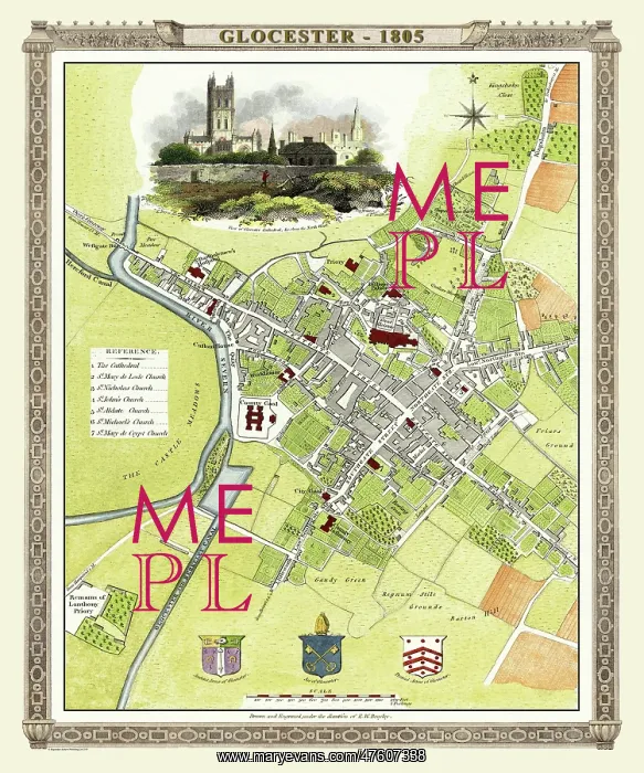 : Early 19th Century map of Gloucester, England : Early 19th Century map of Gloucester, England