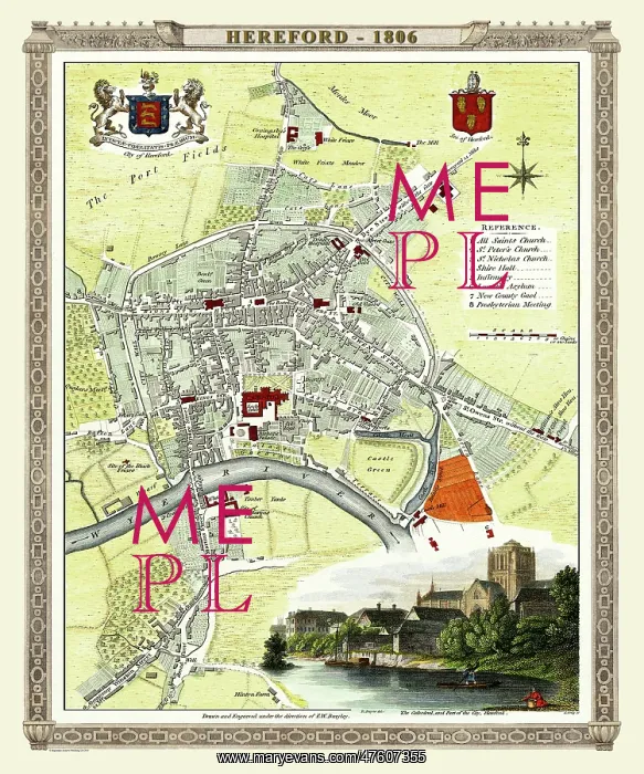: Early 19th Century map of Hereford, England : Early 19th Century map of Hereford, England