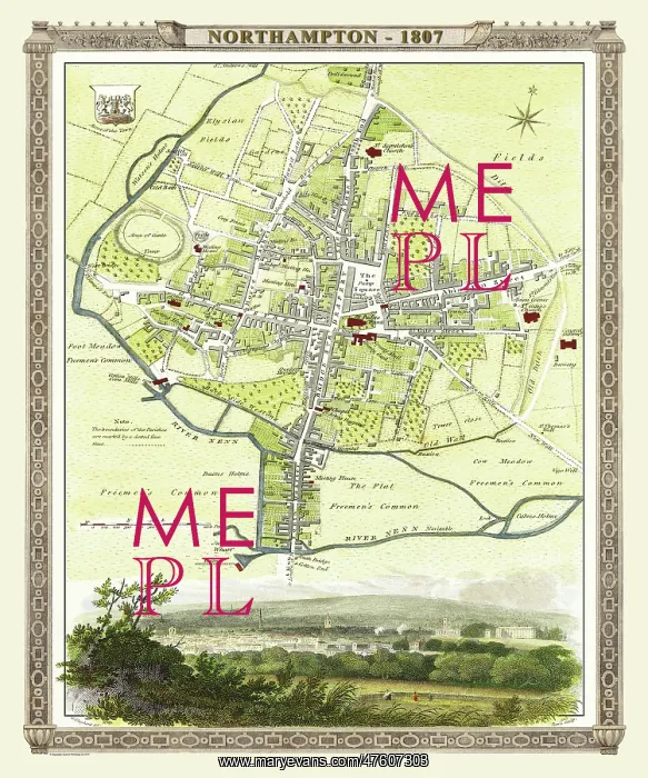 : Early 19th Century map of Northampton, England : Early 19th Century map of Northampton, England