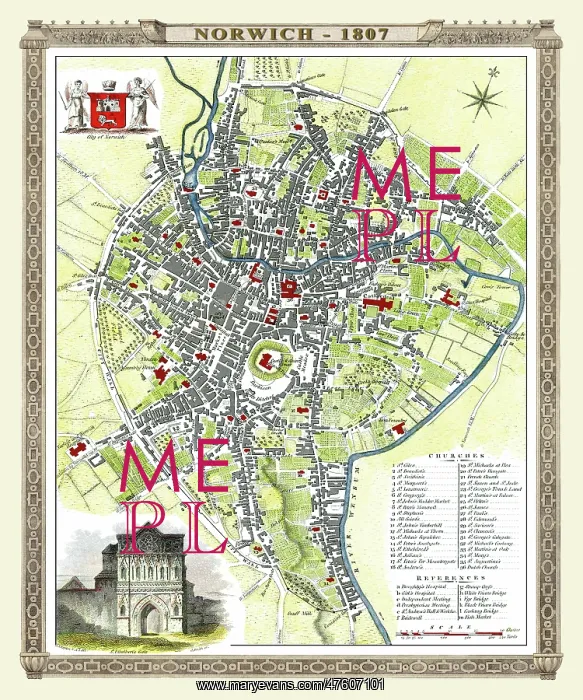 : Early 19th Century map of Norwich, England : Early 19th Century map of Norwich, England