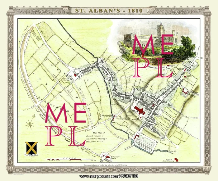 : Early 19th Century map of St Albans, England : Early 19th Century map of St Albans, England