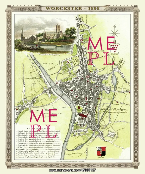 : Early 19th Century map of Worcester, England : Early 19th Century map of Worcester, England
