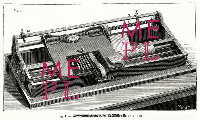 : Early form of typewriter by Hall, USA 1885 : Early form of typewriter by Hall, USA 1885