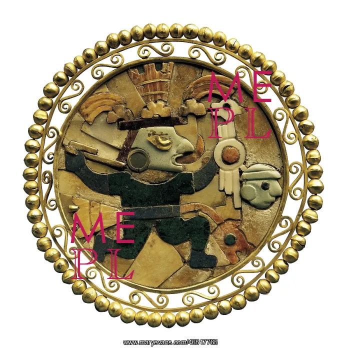 : Earmuff with Moche warrior. Gold, shells, turquoises : Earmuff with Moche warrior. Gold, shells, turquoises