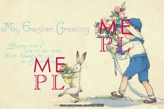 : Easter bunny and child carrying flowers : Easter bunny and child carrying flowers