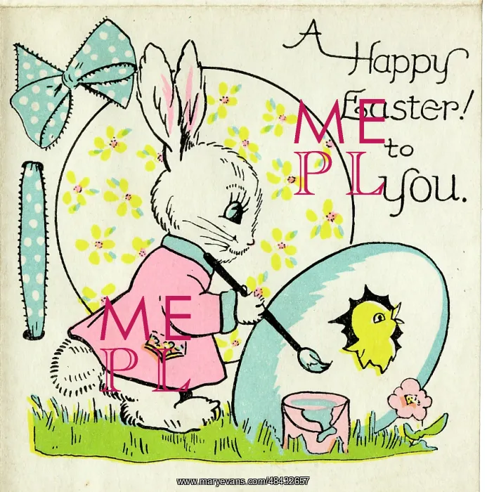 : Easter card with white bunny and yellow chick : Easter card with white bunny and yellow chick