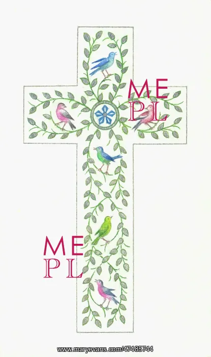  : Easter Cross with six coloured birds and silver foliage