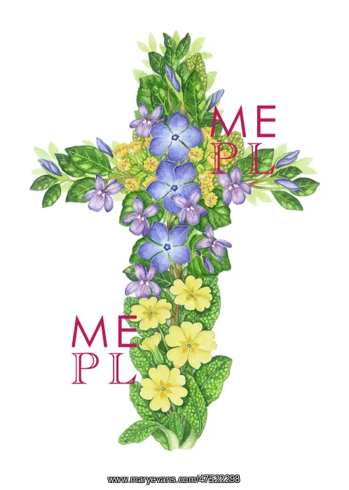 : Easter Cross of periwinkles, violets, primroses : Easter Cross of periwinkles, violets, primroses