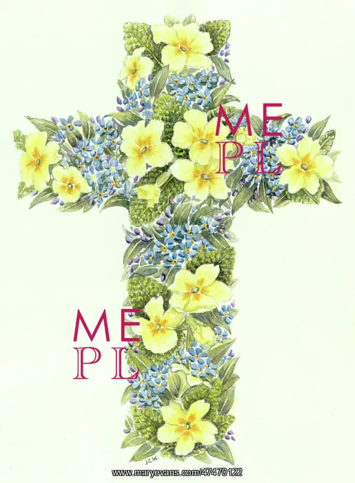  : Easter cross with primroses and forget-me-nots