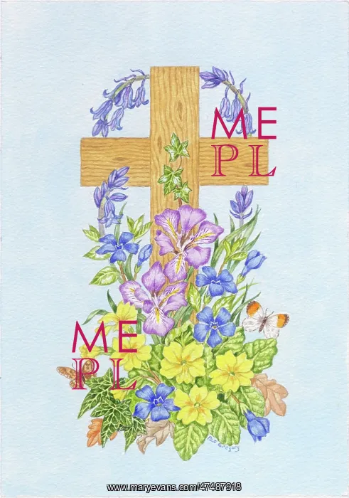 : Easter Cross with spring flowers and butterflies : Easter Cross with spring flowers and butterflies