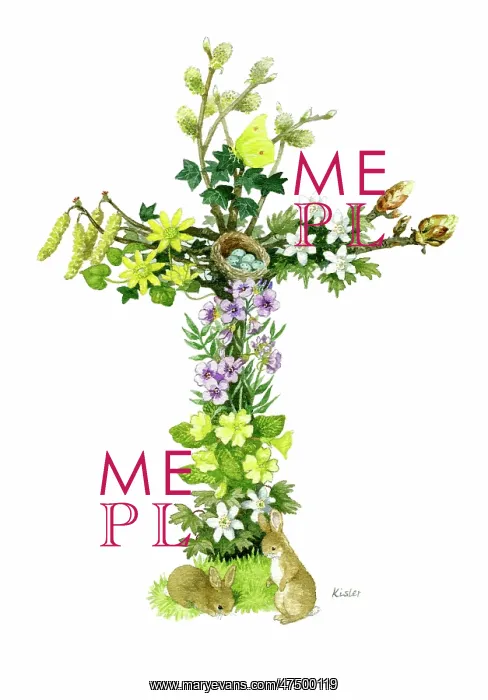 : Easter Floral Cross with two rabbits : Easter Floral Cross with two rabbits