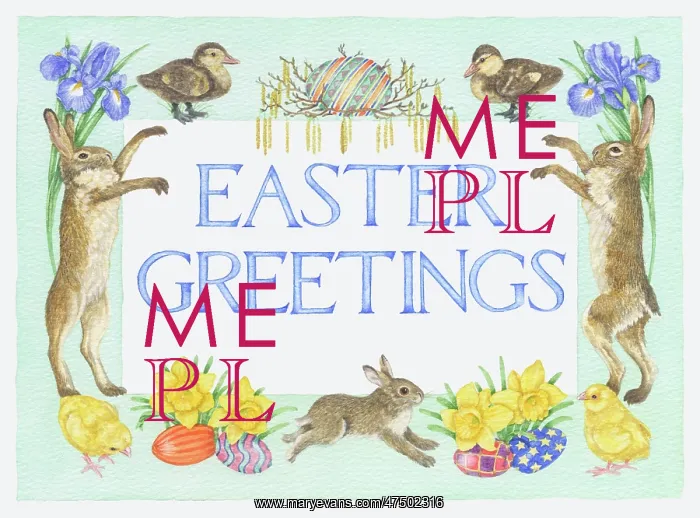 : Easter Greetings with hares, chicks, irises etc : Easter Greetings with hares, chicks, irises etc