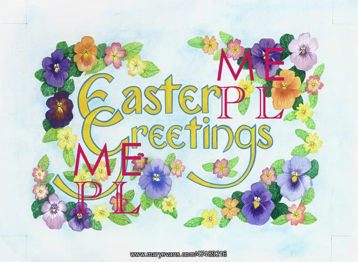 : Easter Greetings with pansies and primulas : Easter Greetings with pansies and primulas
