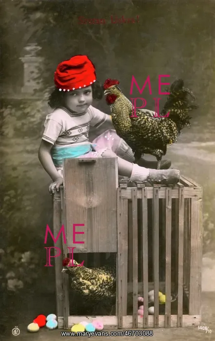 : Easter Greetings Postcard featuring child and chickens! : Easter Greetings Postcard featuring child and chickens!