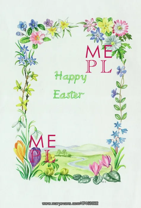 : Easter landscape with border of crocuses etc : Easter landscape with border of crocuses etc