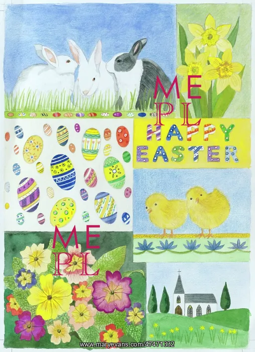 : Easter Patchwork - rabbits, daffodils, eggs, chicks, primula : Easter Patchwork - rabbits, daffodils, eggs, chicks, primula