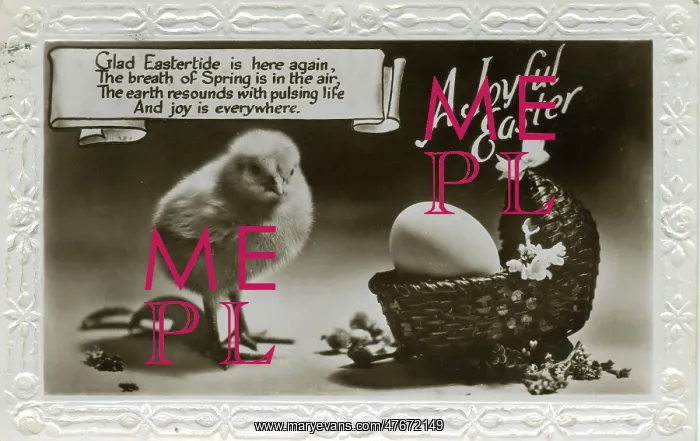  : Easter postcard with chick and egg in a basket