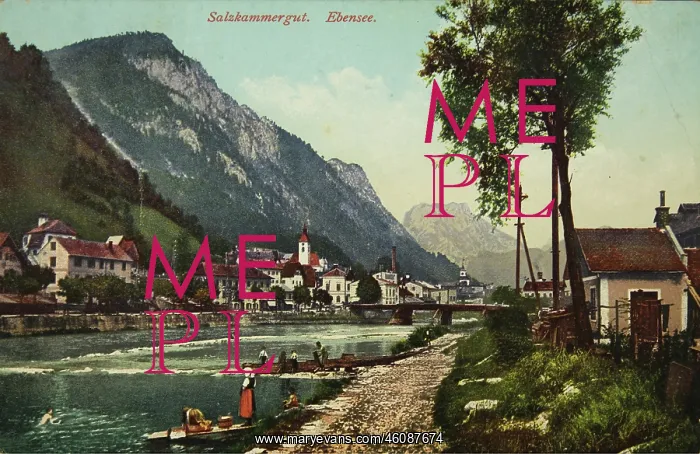 : Ebensee. View of the river Traun with washerwomen : Ebensee. View of the river Traun with washerwomen