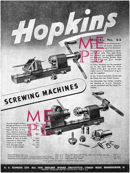 : E.C.Hopkins Machine Tools Screwing Machines 1944 : E.C.Hopkins Machine Tools Screwing Machines 1944