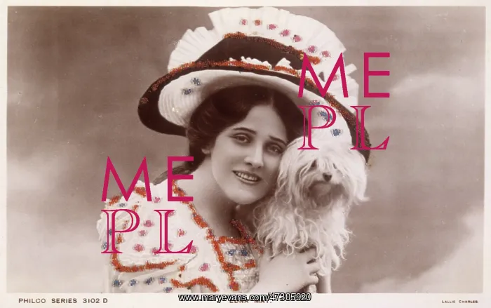 : EDNA MAY Actress, wearing an enormous hat and holding her little dog : EDNA MAY Actress, wearing an enormous hat and holding her little dog