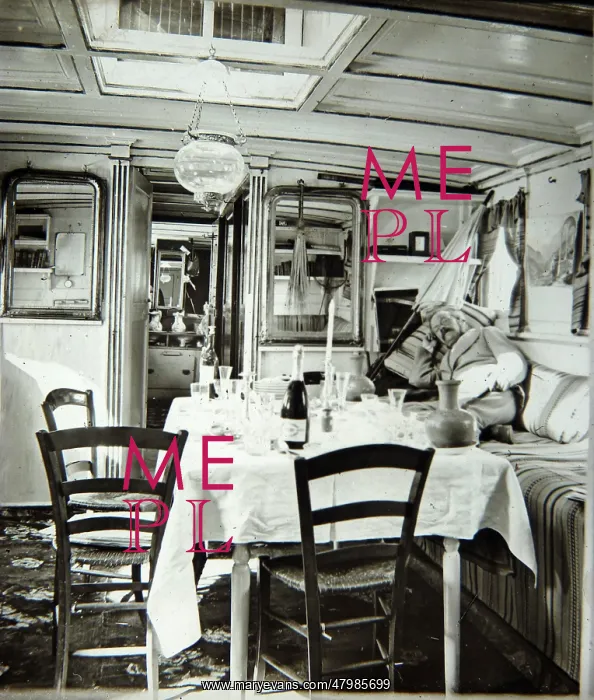 : Edwardian boat interior, with table and chairs : Edwardian boat interior, with table and chairs