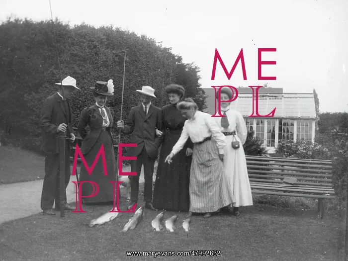 : Edwardian friends inspecting a catch of fish, Pembrokeshire : Edwardian friends inspecting a catch of fish, Pembrokeshire