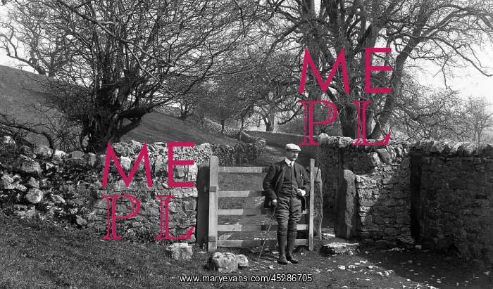 : Edwardian man at gateway in countryside : Edwardian man at gateway in countryside