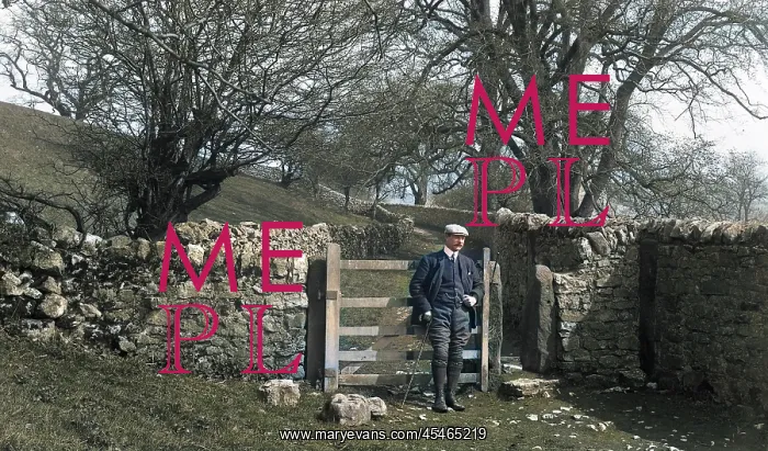 : Edwardian man at gateway in countryside : Edwardian man at gateway in countryside