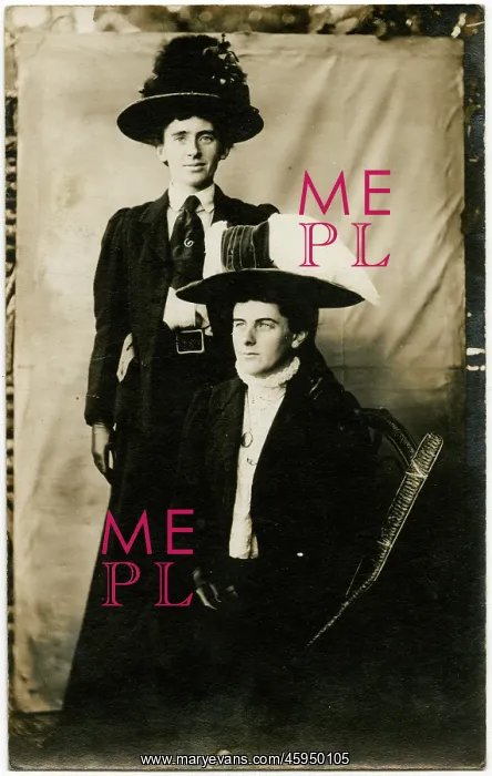 : Two Edwardian men dressed as suffragettes : Two Edwardian men dressed as suffragettes