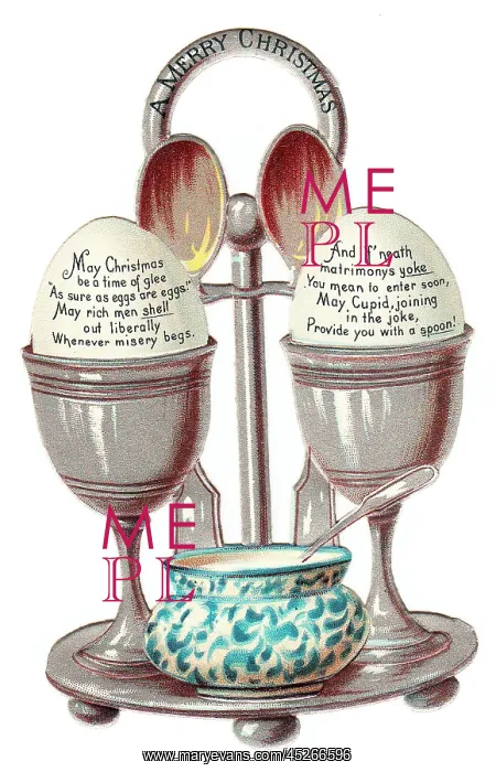 : Eggcup stand with two eggs on a cutout Christmas card