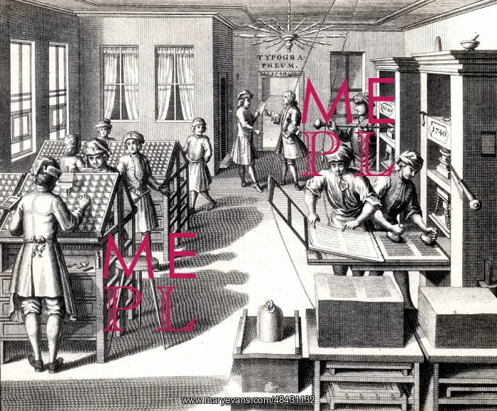 : Eighteenth century printing workshop. On the left : Eighteenth century printing workshop. On the left