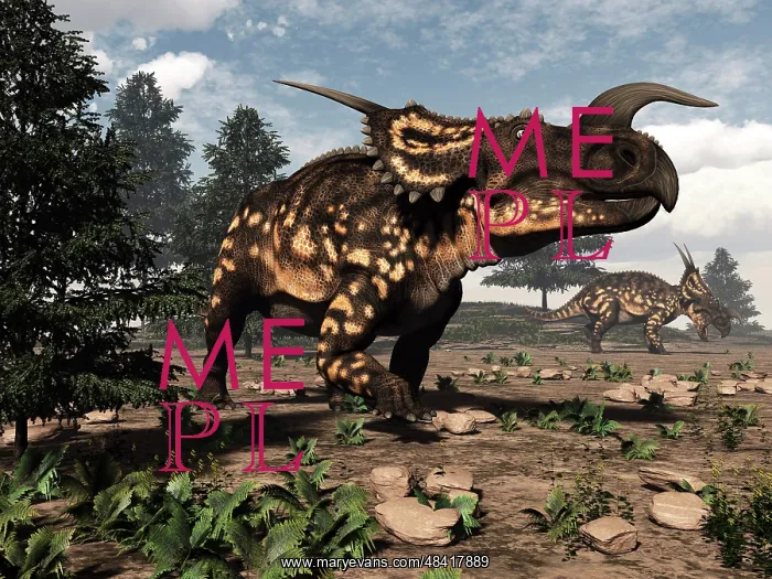 : Two Einiosaurus dinosaurs walking in the desert : Two Einiosaurus dinosaurs walking in the desert