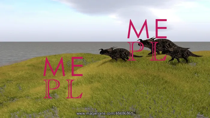 : Three Einiosaurus dinosaurs walking across a grassy field : Three Einiosaurus dinosaurs walking across a grassy field