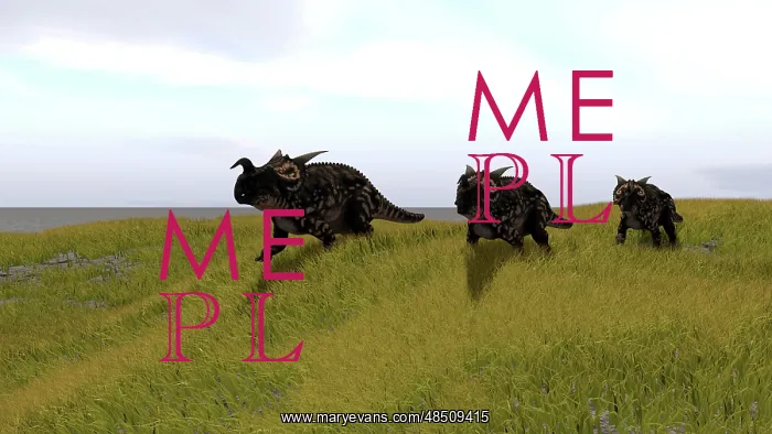 : Three Einiosaurus dinosaurs walking across a grassy field : Three Einiosaurus dinosaurs walking across a grassy field