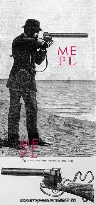 : EJ Marey's photographic gun which he devised for : EJ Marey's photographic gun which he devised for
