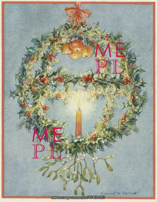: An elaborate wreath, with holly, mistletoe and a candle : An elaborate wreath, with holly, mistletoe and a candle