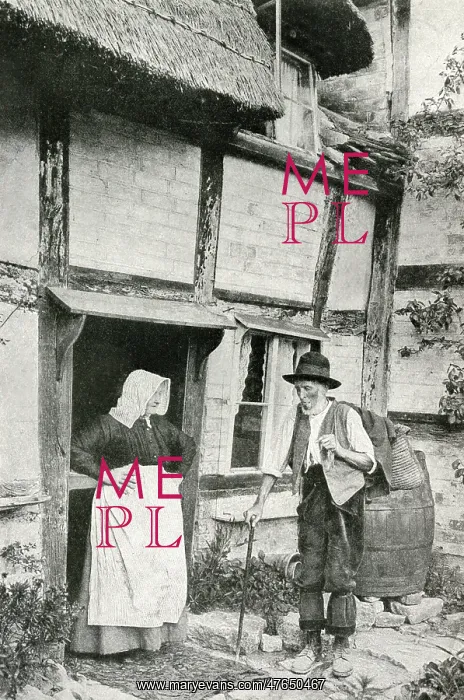 : Elderly couple outside cottage, Little Comberton, Worcs : Elderly couple outside cottage, Little Comberton, Worcs