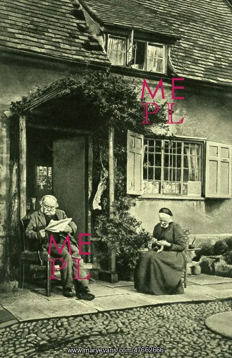 : Elderly couple outside cottage, Little Comberton, Worcs : Elderly couple outside cottage, Little Comberton, Worcs