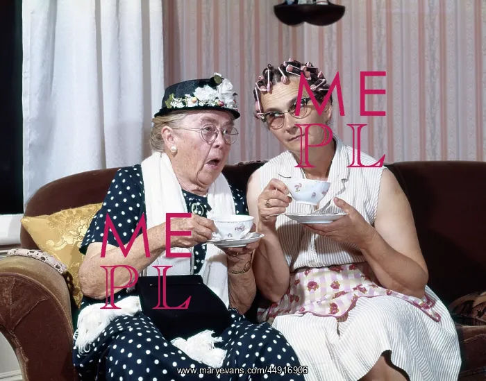 : two elderly ladies drinking tea, gossiping : two elderly ladies drinking tea, gossiping