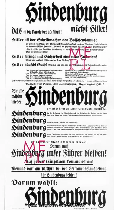 : Election poster of Hindenburg for the Reich : Election poster of Hindenburg for the Reich