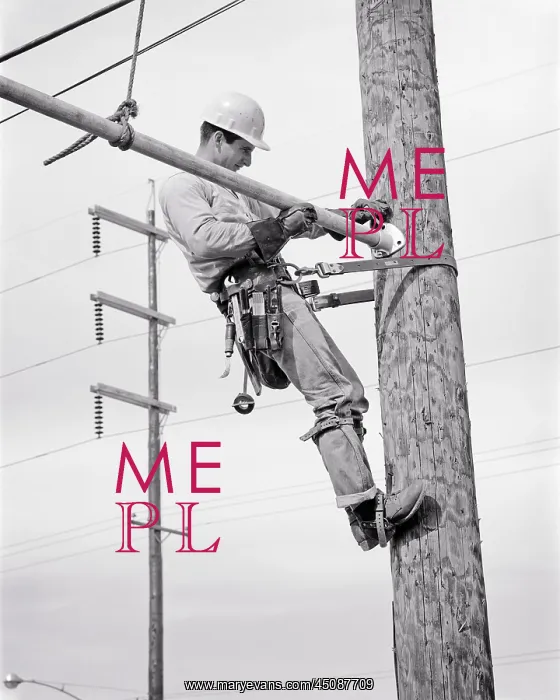 : Electric Lineman on Utility Pole Secured with Safety Belt : Electric Lineman on Utility Pole Secured with Safety Belt