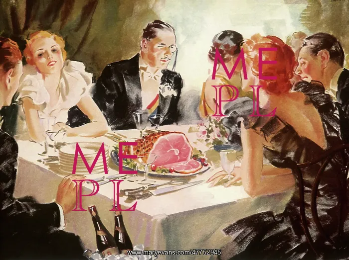 : Elegant Couples sit at Dinner Table for Sliced Ham : Elegant Couples sit at Dinner Table for Sliced Ham